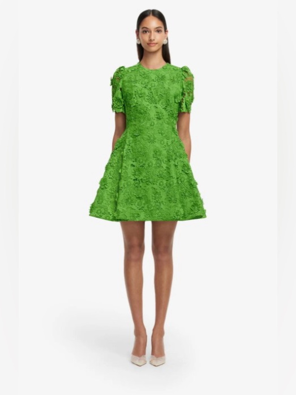 LEO LIN Elyse Green Floral Applique Lace Short Sleeve Mini Dress AU8/US4 NWOT